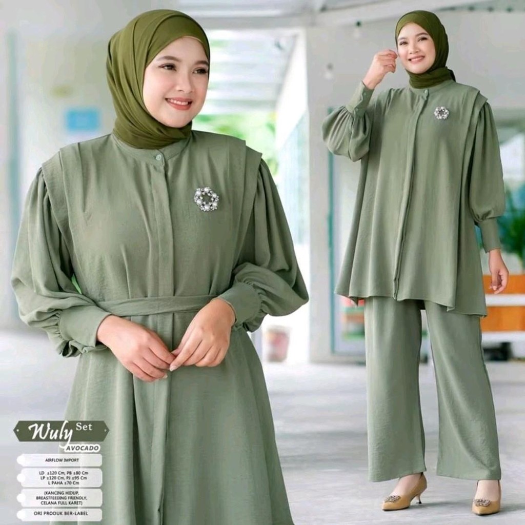 Setelan Crinkle Airflow Wuly One Set Muslim Wanita Atasan Celana Panjang | Setelan Baju Atasan Celan