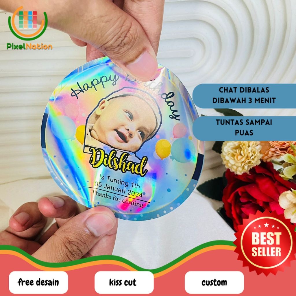 

PiNat 5-8 Stiker Hologram Ulang Tahun Anak Sticker Label Undangan Happy Birthday Uk.Sedang