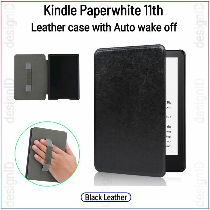 

promo -kindle paperwhite 11th snature Leather case with hand strap cover - Black leather