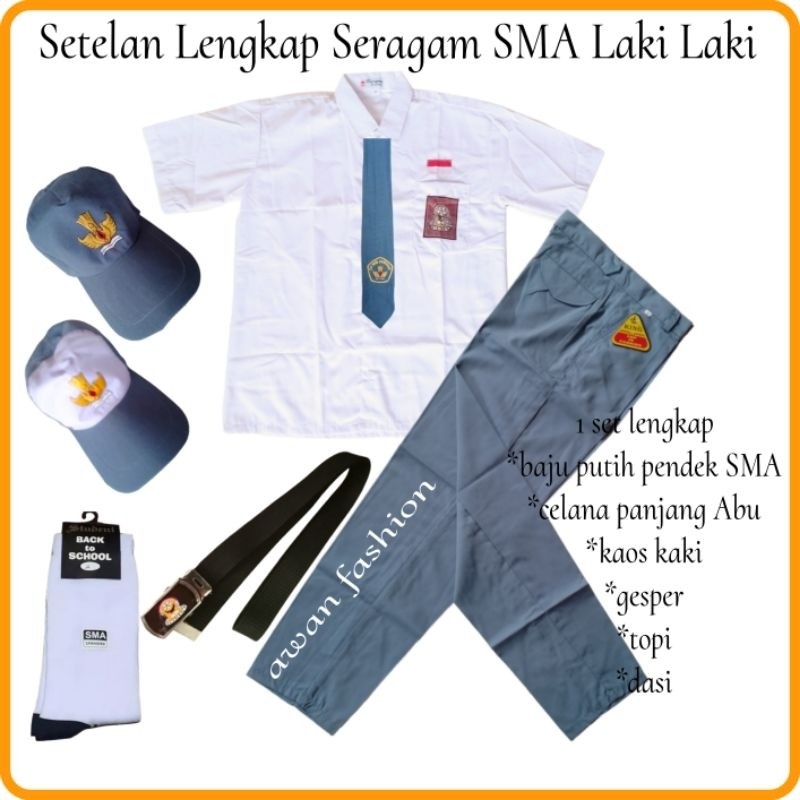 Setelan Seragam Sekolah SMA Abu Putih Laki Laki Baju Pendek Lengkap