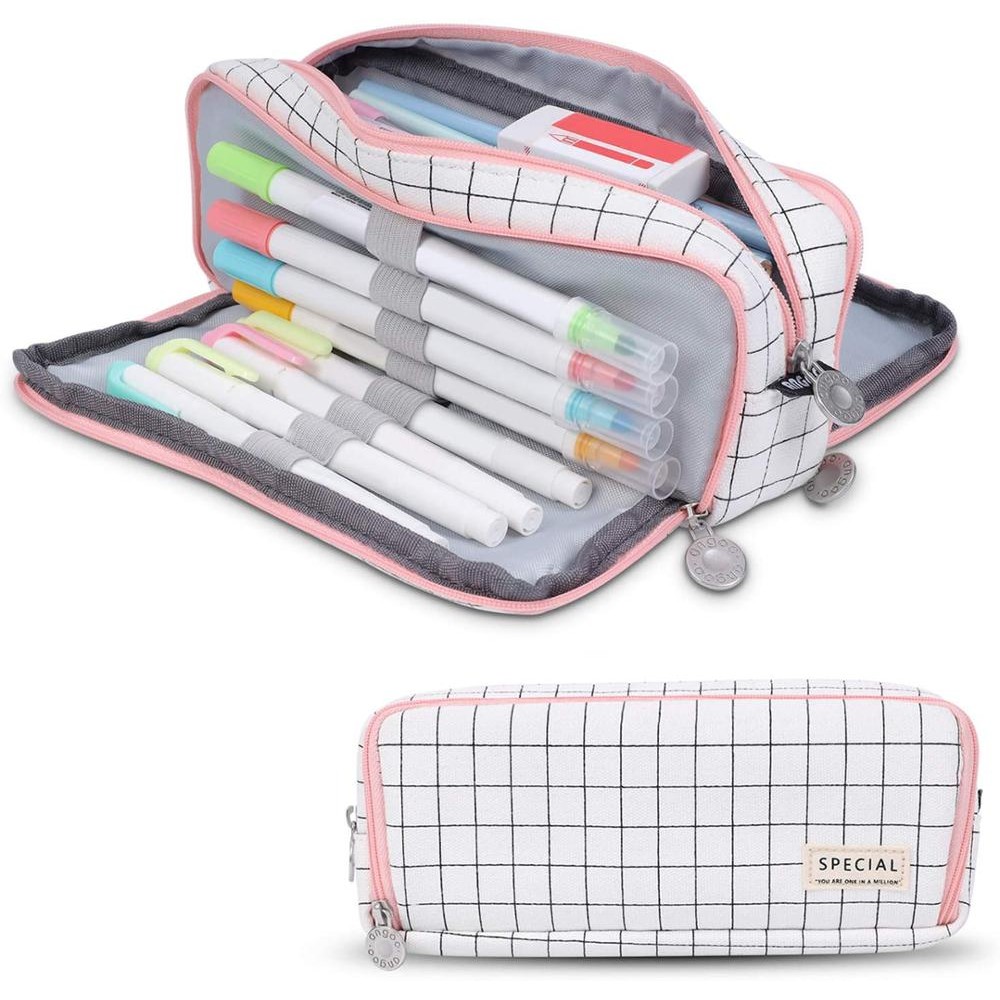 

Large Pencil Case with Zipper Cute Grid School Supplies Stationery Pouch for Teen Girls and Boy Student Bag Eraser Scissors Hold
