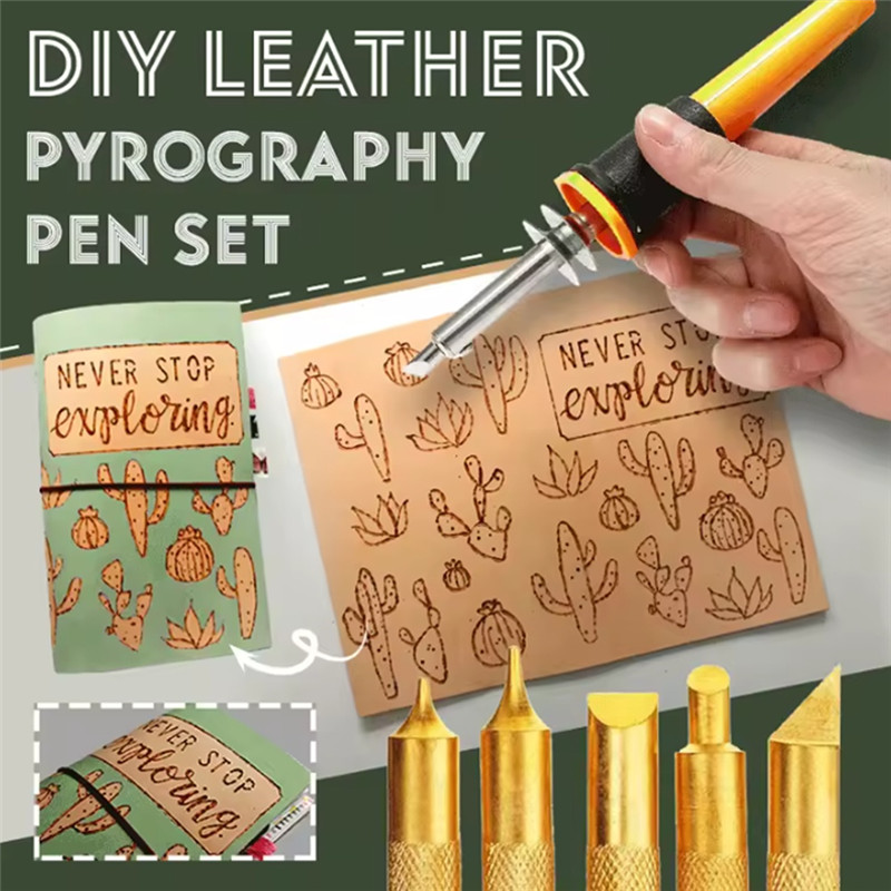 

BYBS-DIY Leather Pyrography Pen Set 7 PCS Wood Carving Pen With 5 Heads Stand Wood Craft Accessory For Graver Tool US Plug