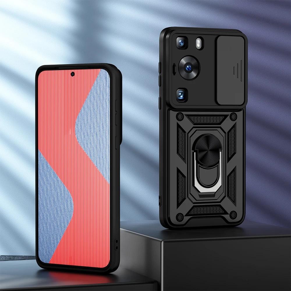 Untuk Huawei P60 Pro case Slide Camera Lens Protection 360  Meatl Ring Stand armor Hard casing Untuk