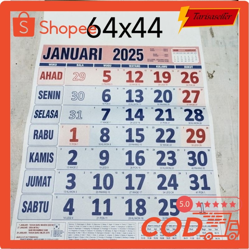 

TSS Kalender Almanak Dinding 2025 Besar Isi 12 Lembar Ukur 38x53 Cm COD