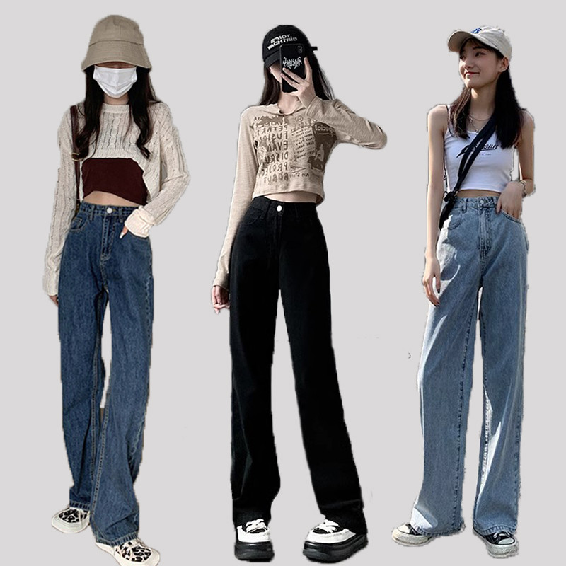 S~5XL  Celana Jeans Pinggang Tinggi Retro Wanita Gaya Korea Celana Jeans Lurus Longgar Kasual