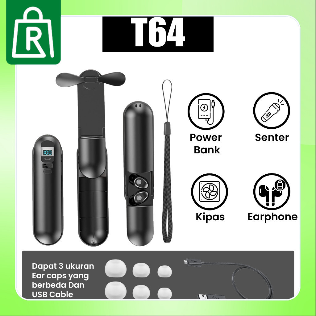 Bluetooth Earphone with F7 Earbuds Dan Mini Fan Dan Flashlight Dan PowerBank 2000Mah Headset LED Kip
