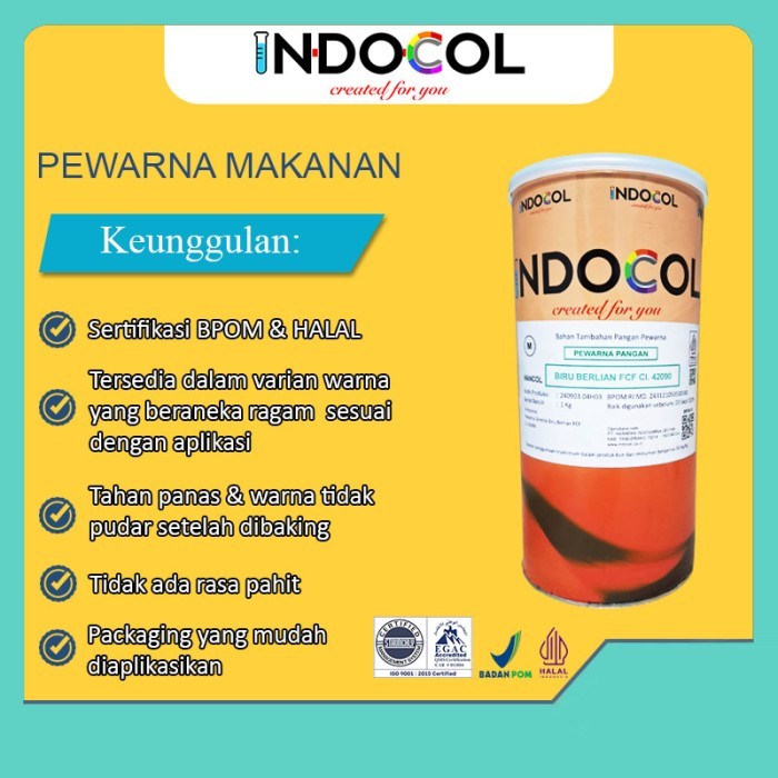 Pewarna Makanan INDOCOL BIRU BERLIAN FCF CI.42090 (BRILLIANT BLUE) - PACKING 1 KG BAR