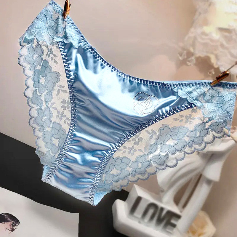 New Fashion Women Lace Panties Satin Silk Comfortable Seamless Panties Traceless Crystal Briefs Brea