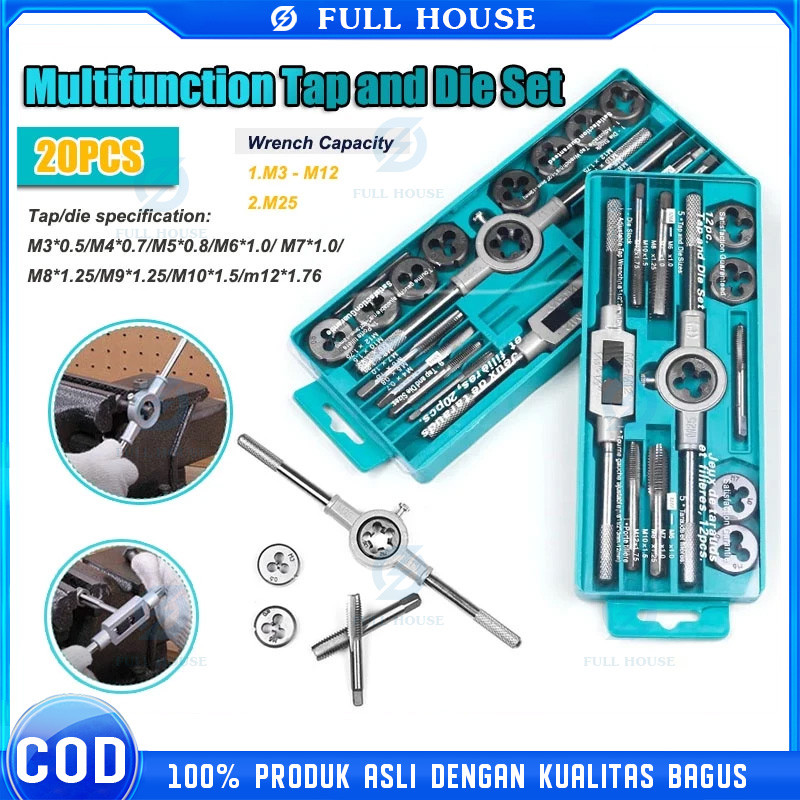 20 Pcs Hand Die Tap M3-M12 Tap Die Set Hand Tap And Dies Set 20 Pcs - Alat Snai Dan Tap Ulir Baut Se