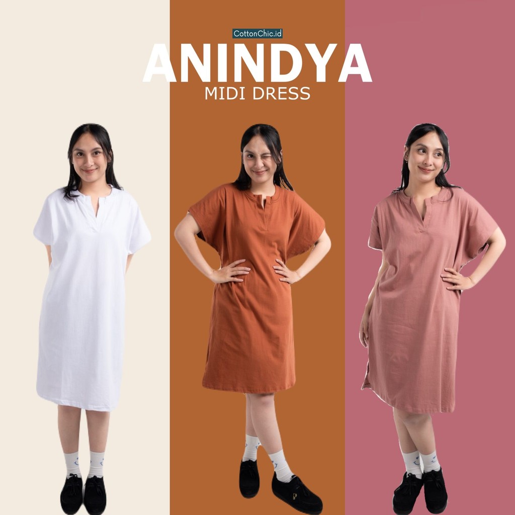 ANINDYA MIDI DRESS V-NECK KAOS KATUN COMBED 24S WANITA SLITHIGH