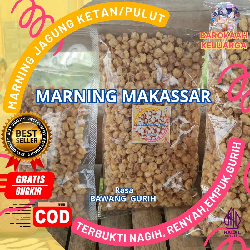 

Marning SUPER EMPUK RENYAH jagung ketan putih Super Premium khas makassar sangat cocok buat nyantai dan suguhan tamu terbuat dari jagung putih, rasa gurih asin bawang (500gr),renyah dan original