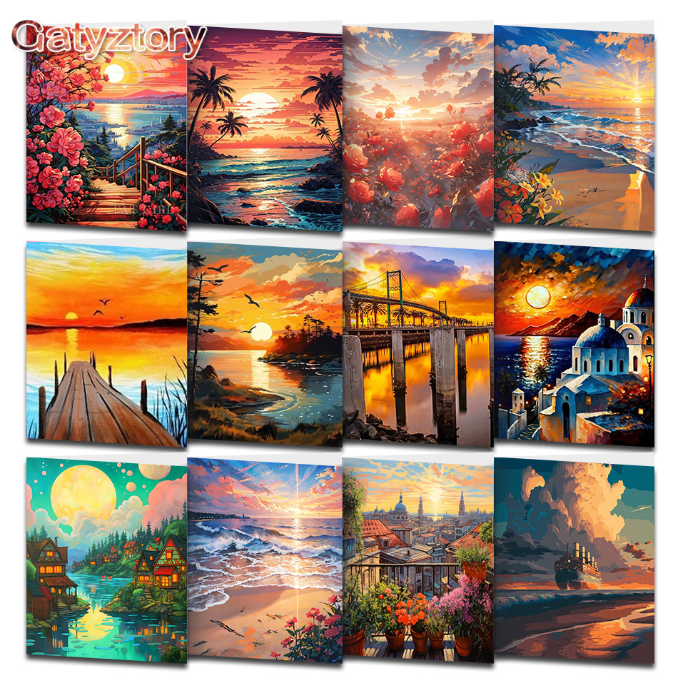 

PhotoCustom Oil Painting Handpainted Picture By Numbers DIY Landscape Sunset For Adults On Canvas Home Decoration Unique Gift