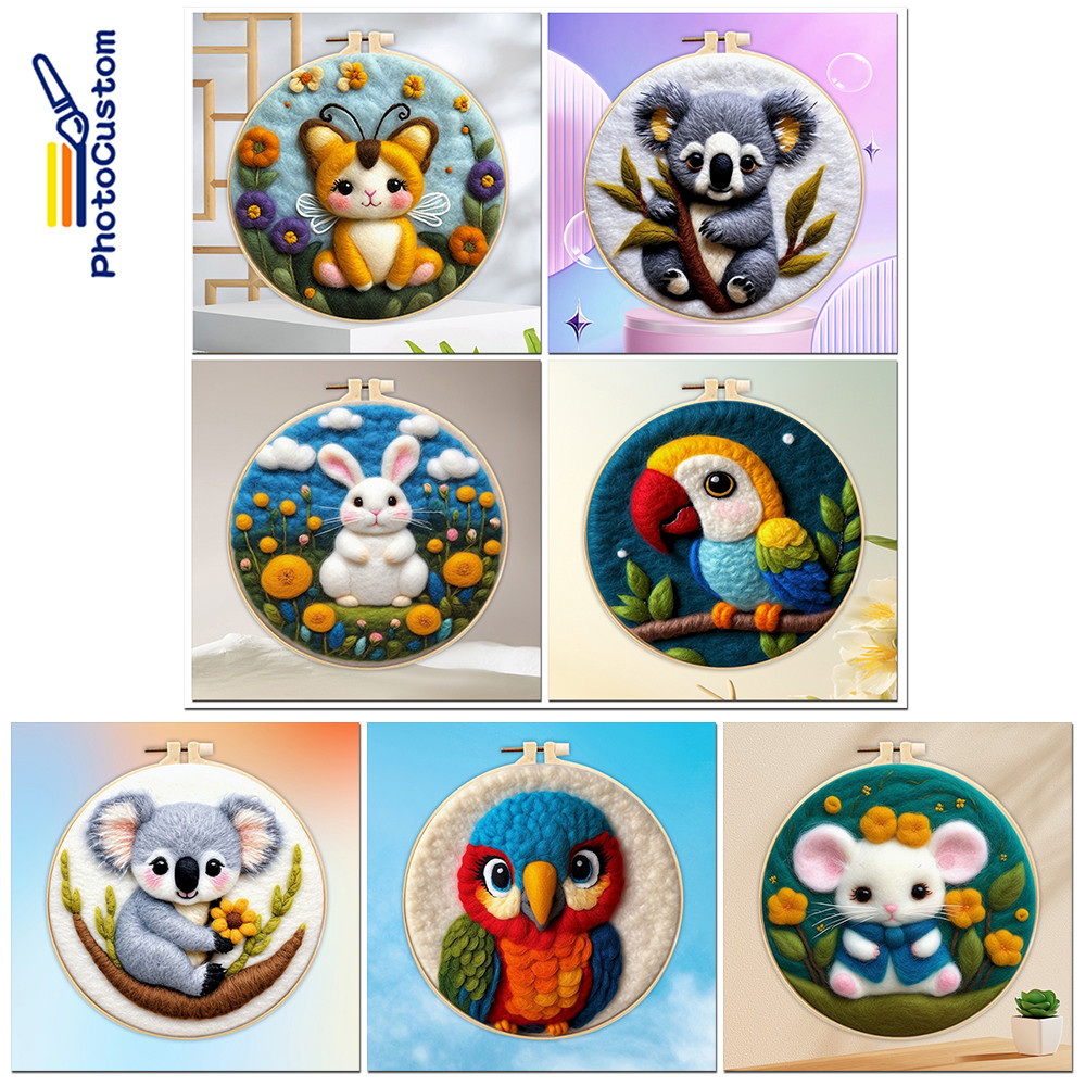 

PhotoCustom Animal Diy Crafts Wool Needle Felt Set Needle Felting Painting Kit With 20x20cm Frame Felt For Home Decoration New