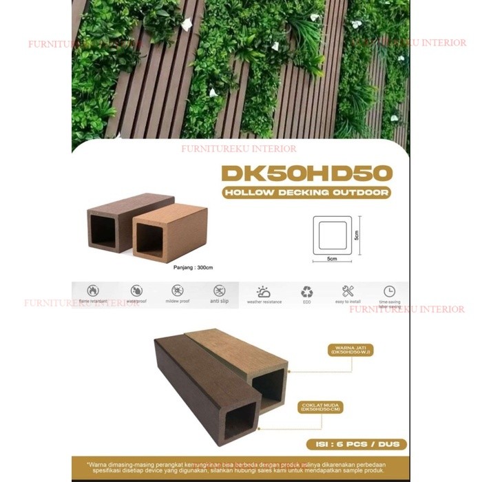 WPC Hollow tube balok partisi indoor outdoor / fasad outdoor per batang 3m x 5cm x 5cm anti air raya