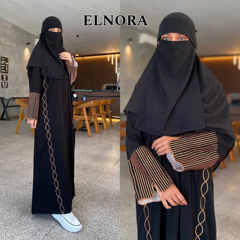 Abaya Saudi Hitam Jetblack Kombinasi Bordir Gamis Hitam Coklat - ELNORA
