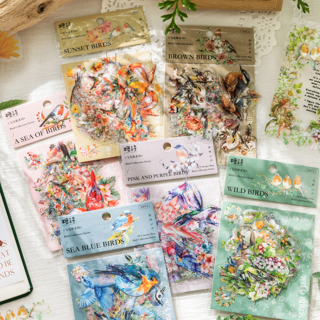 

30 pcs/pack Bird Collection Series PET material Stickers DIY Scrapbooking Decor Junk Journal Supplies Sticker Stationery