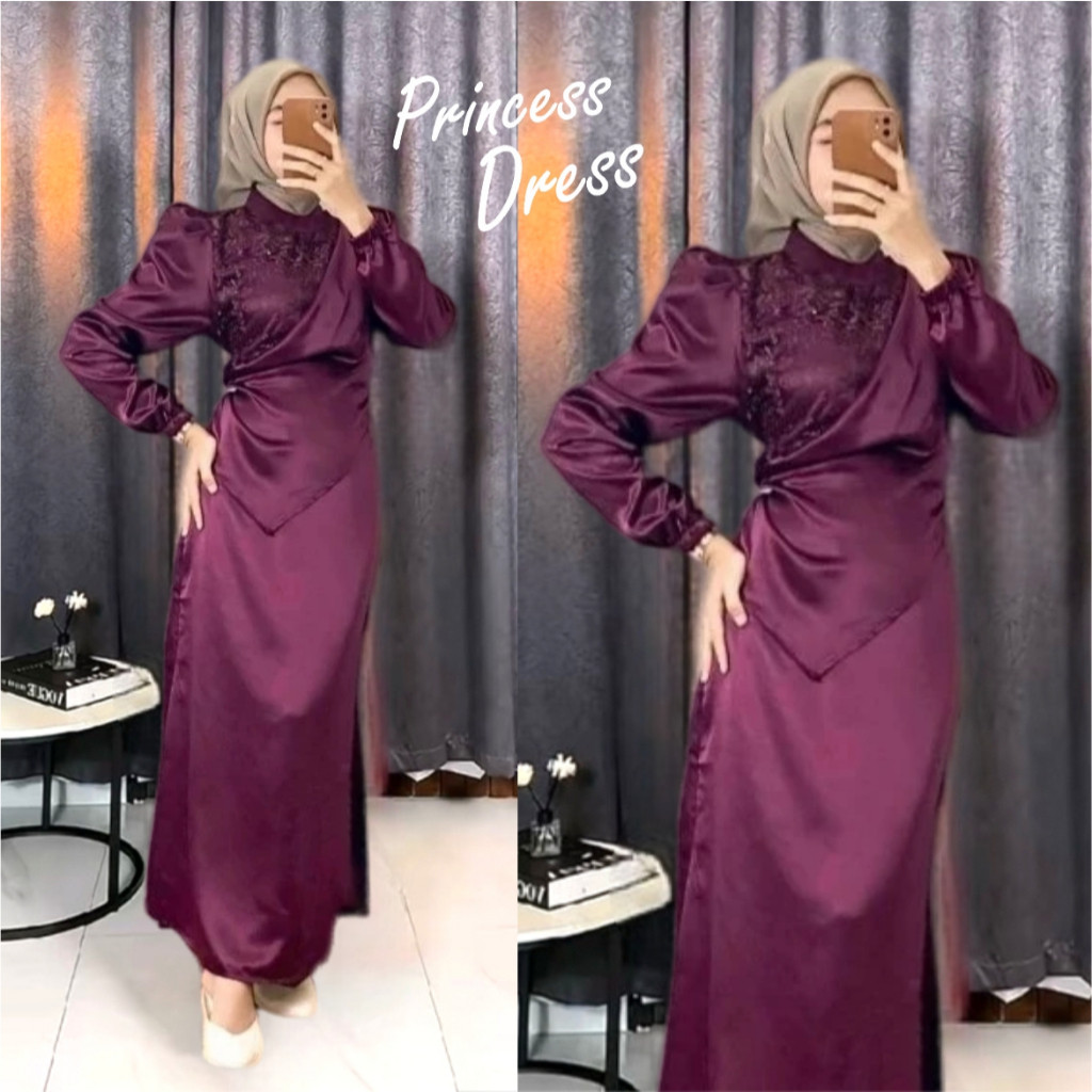 Dress Princess Satin Silk Brukat Mewah Dress Kondangan Gamis Pesta Lebaran Wanita Model Duyung