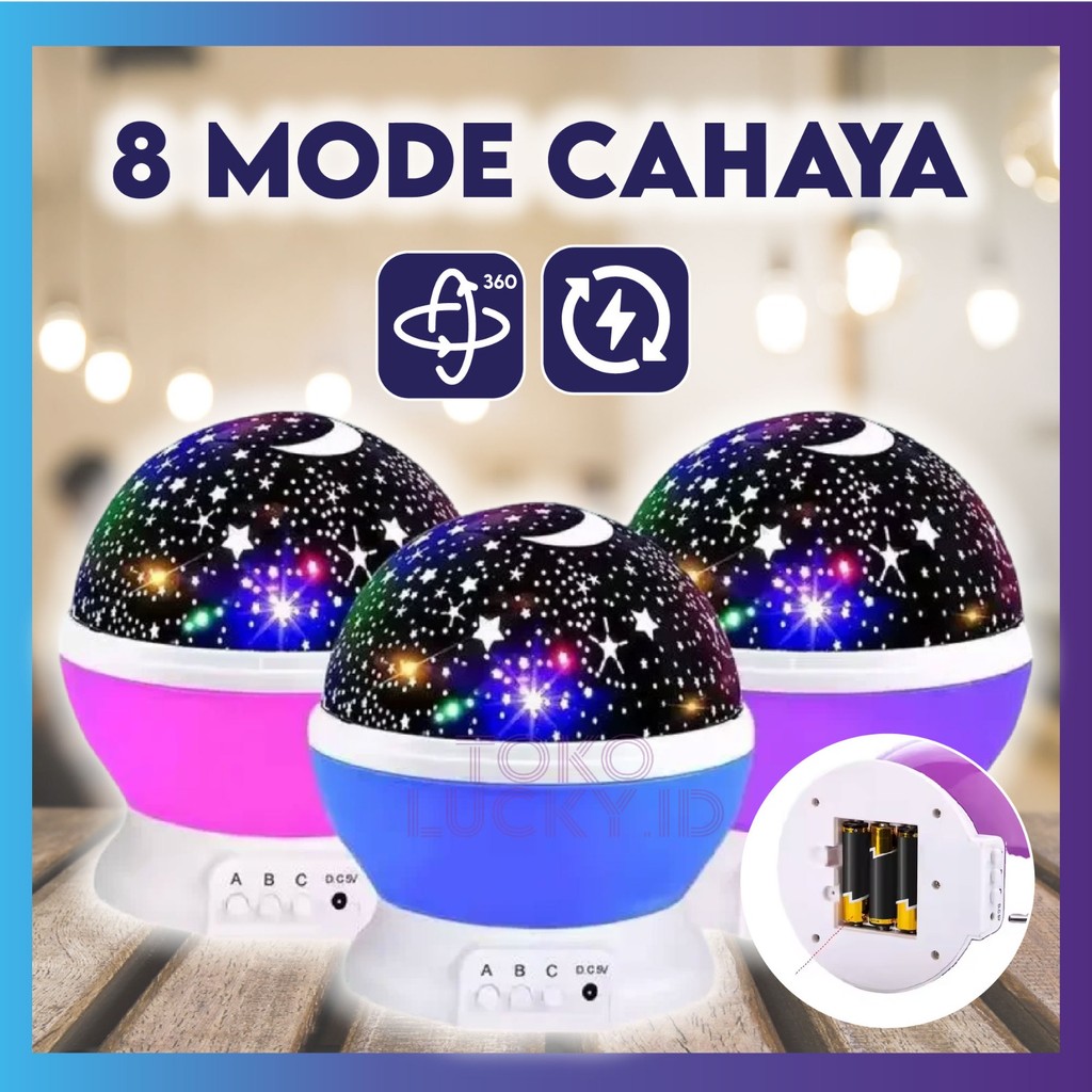 Lampu Tidur Proyektor Aesthetic 360 Rotasi 8 Mode LED Bulan Bintang