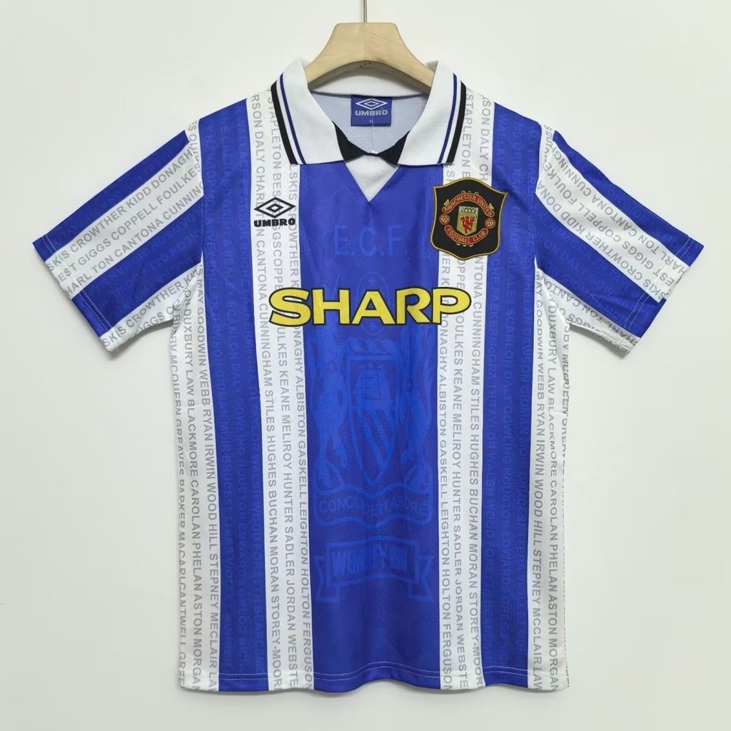 Jersey Vintage 94 Biru dan Putih Manchester United T shirt pria