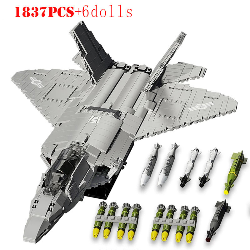 1837pcs Military F-22 Raptor Fighter Building Blocks WW2 Army Airplanes Aircraft Soldier Figures Bri