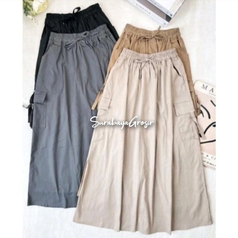 Rok Cargo Wanita Panjang Model A // Rok Cargo Span Pinggang Serut Bahan Katun Premium