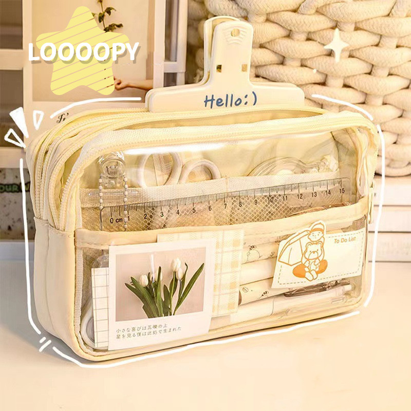 

LOOOOPY Kotak Pensil Transparan Aesthetic Pencil Case Large Tempat Pensil Pen Pouch Lucu Stationery Organizer