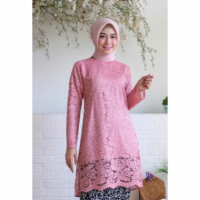 ✨LARIS✨ -SETELAN KEBAYA TUNIK BROKAT JUMBO WARNA PINK DUSTY /TUNIK KURUNG DRESS - ATASAN SAJA, M