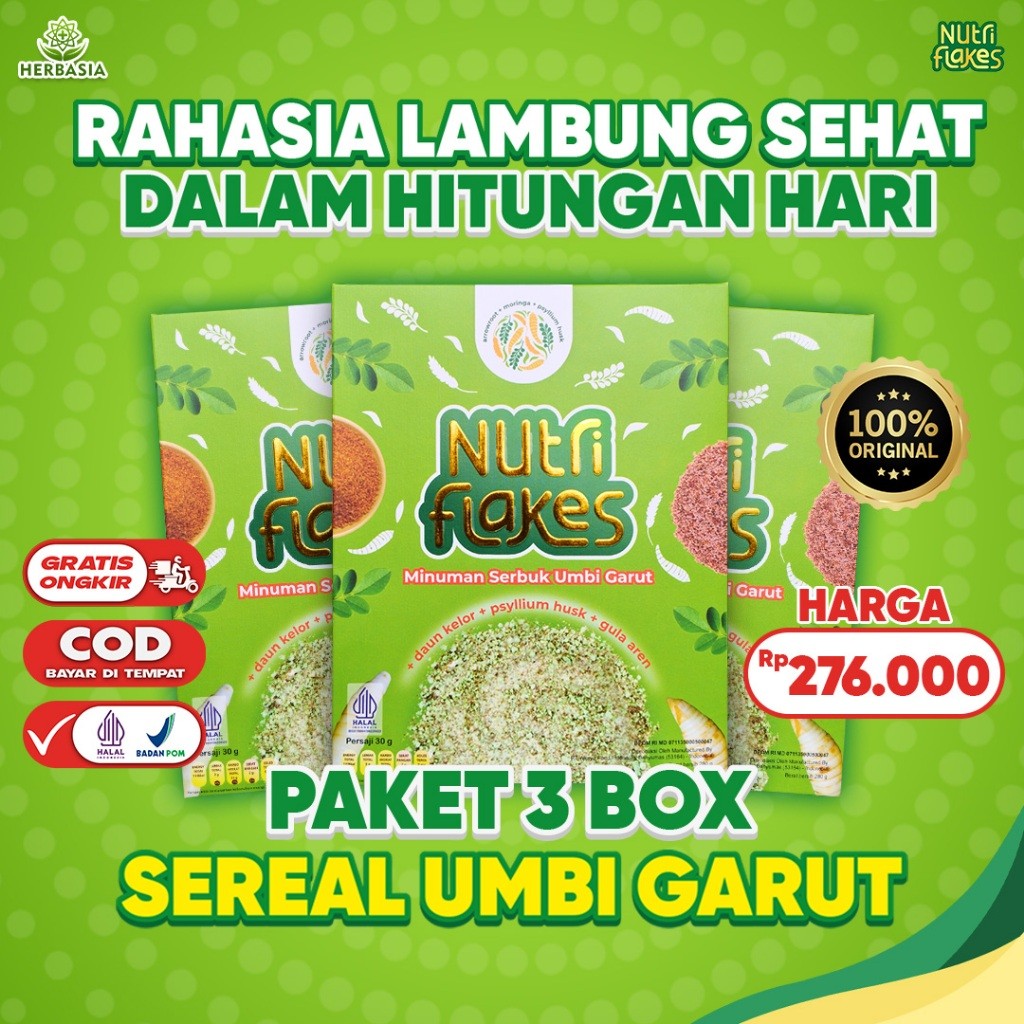 

Nutriflakes 3 Box Sereal Diet Umbi Garut dan Daun Kelor Atasi Asam Lambung Gerd Radang Lambung 200gr