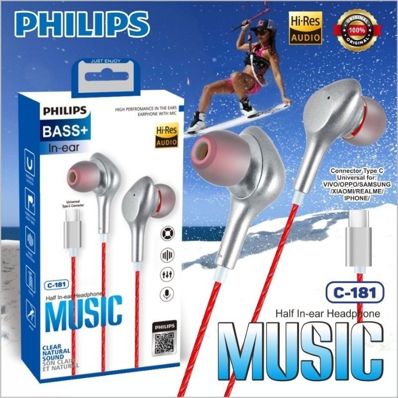 Handsfre Headset earphone Super Bass Philips C 181 - Type C Bisa Semua jenis hp