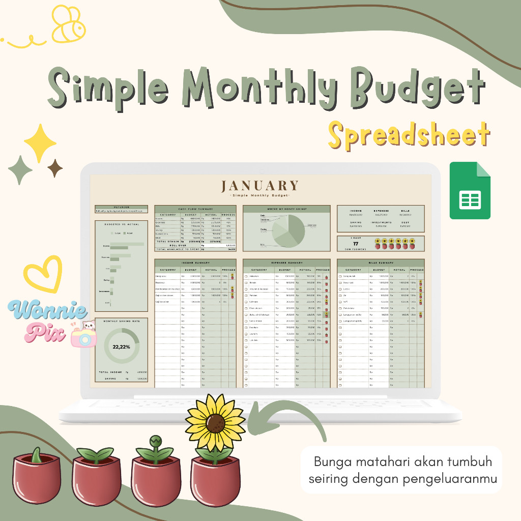

Brikfid.pro Simple Monthly Budget - Sunflower | Budget Planner Spreasheet | Rencana Keuangan | Perencanaan Keuangan | Template Spreasheet Termurah