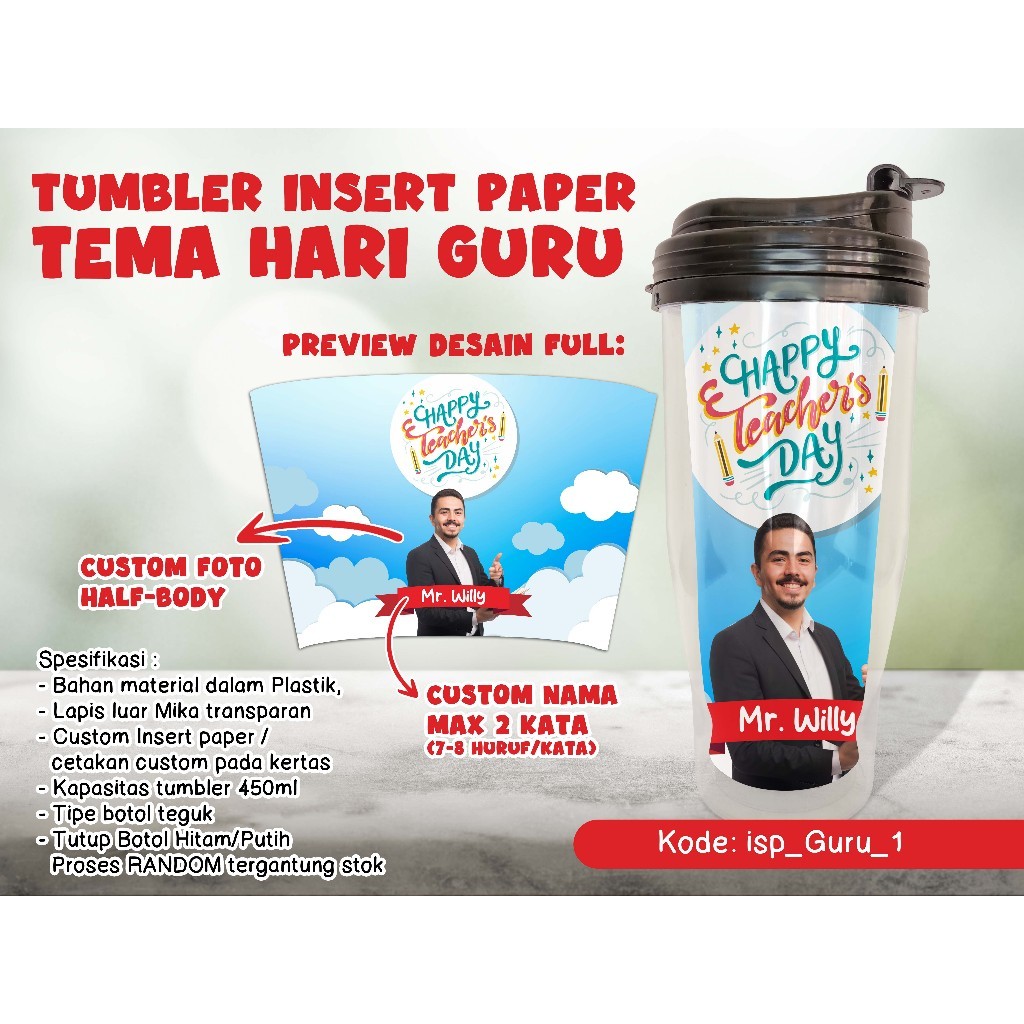 Botol Minum / Insert paper tumbler TEMA HARI GURU - kado hari guru - custom foto & nama