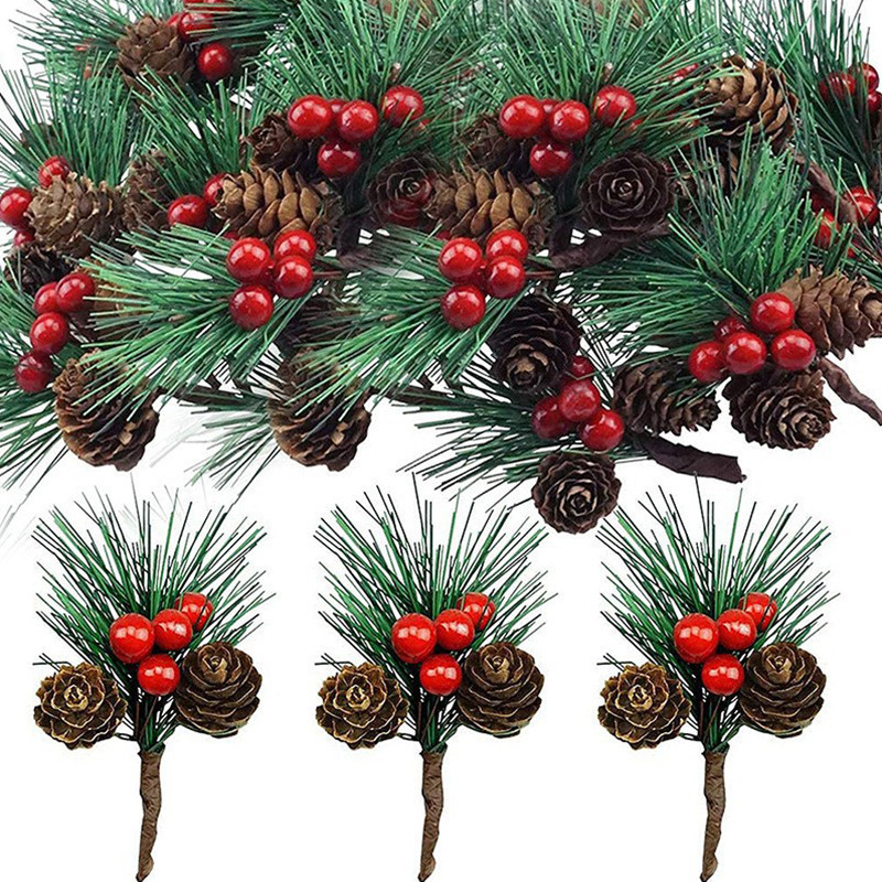 

10pcs Christmas Artificial Pine Needle Branch Mini Red Berry Plant Fake Branches For Xmas Tree Hanging Pendant Home Decorations
