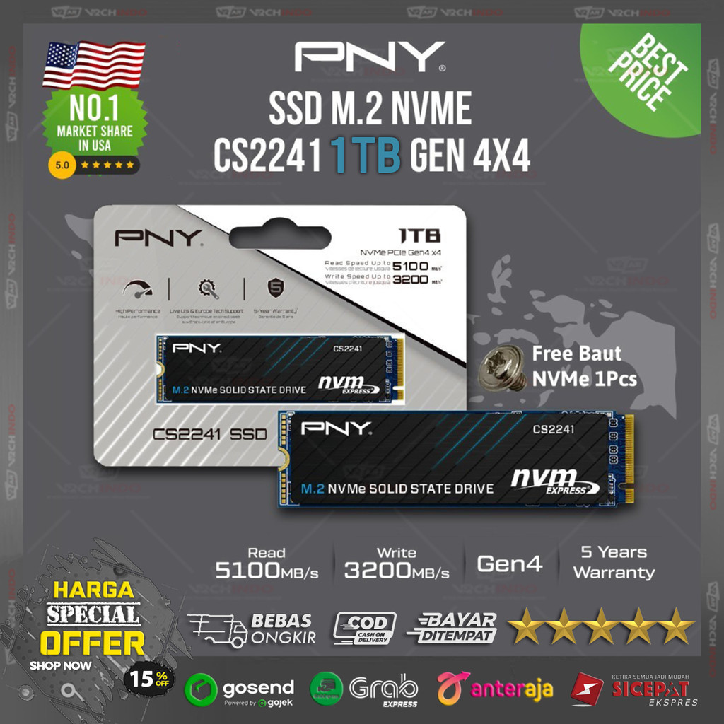 SSD NVME M.2 1TB PNY CS-2241 - SSD NVMe M2 1 TB PNY CS-2241 Gen 4 X4 PCIe Top Brand USA 