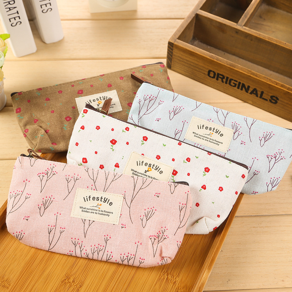 

Cute Kawaii Floral Flower Canvas Zipper Pencil Cases Lovely Fabric Flower Tree Pen Bags School Supplies