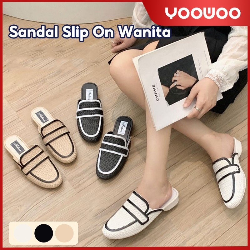 Sandal Slip On Wanita Kartun / Sandal Ujung Tertutup / Sandal Fashion / Sandal Flat / Sandal Flat Fa