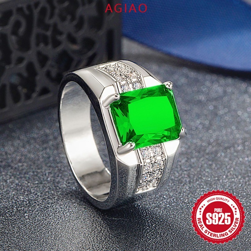 AGIAO Cincin Platinum Berlian Persegi Zirkon Hijau Untuk Pria