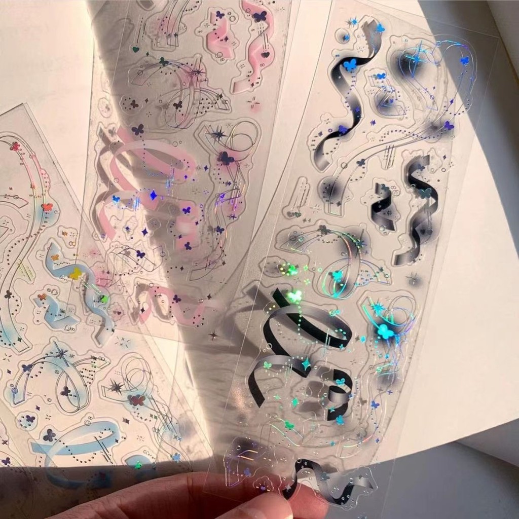 

Colorful Ribbon Holographic Laser Stickers Diy Scraping Kawaii Decorative Materials Idol Card Album Deco Stickers Art Supplies