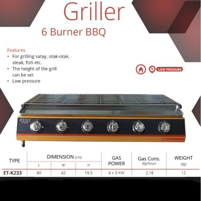 GRILLER BBQ ROASTER 6 TUNGKU / PEMANGGANG GAS GETRA ETK-233