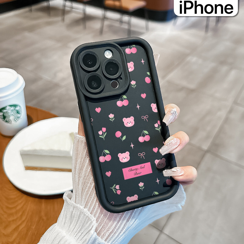 Lucu Pink-Beruang Keren Silicone Case iPhone 15 13 11 12 14 Pro Max XR X Xs Soft Polos Hitam TPU Teb