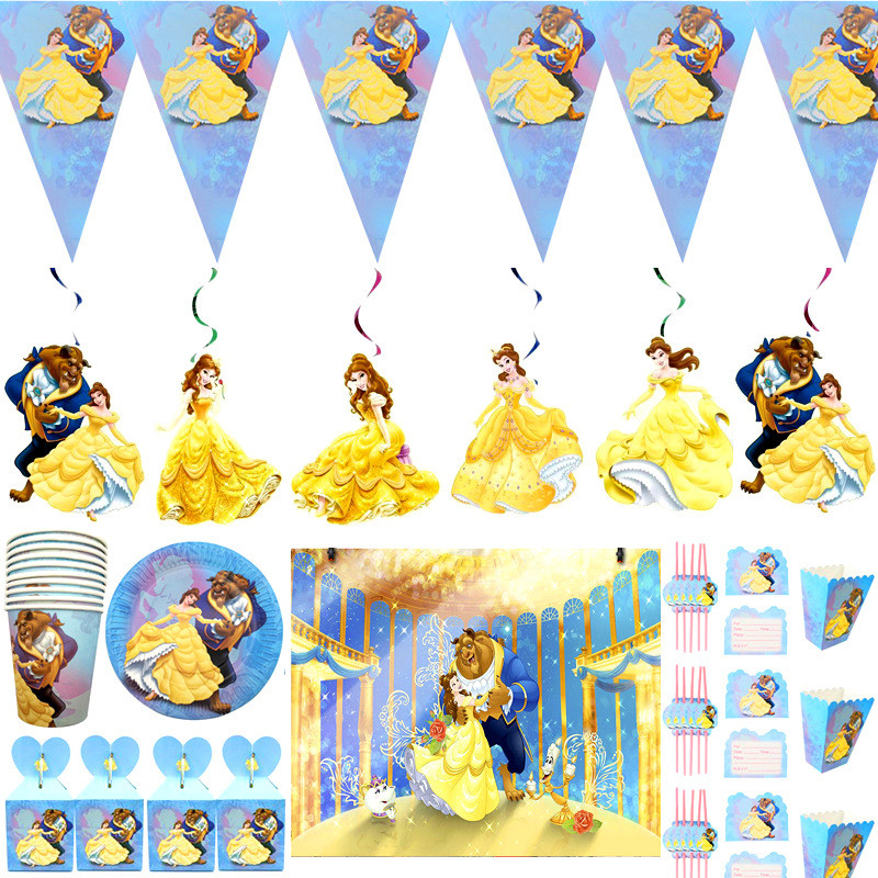 

Beauty and the Beast Birthday Party Supplies Disposable Tableware Blowout Balloon Backdrop Decoration Cake Topper Banner Plate