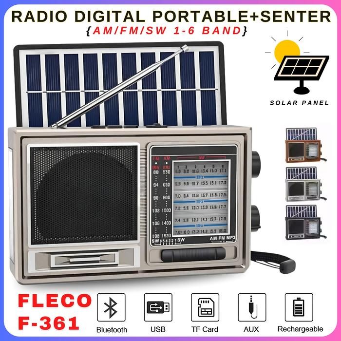 TERLARIS Radio Portable Bluetooth + Senter Tenaga Surya FLECO F-361 Radio Clasic FM/AM/SW/USB/Memory