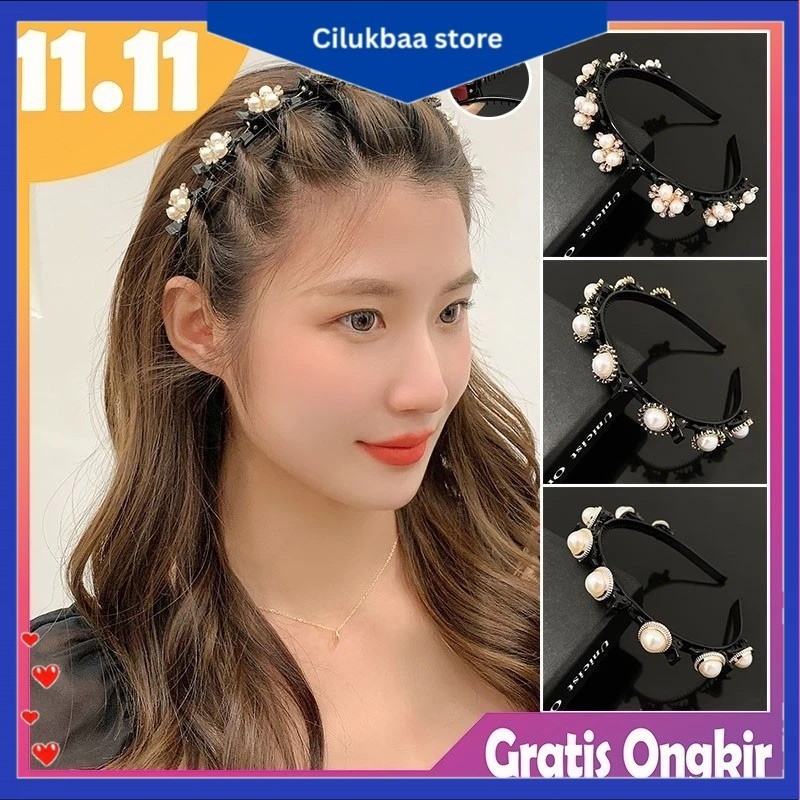 2in1 Bando include Jepit Rambut Fashion Korea Pola Mutiara Wanita Dewasa