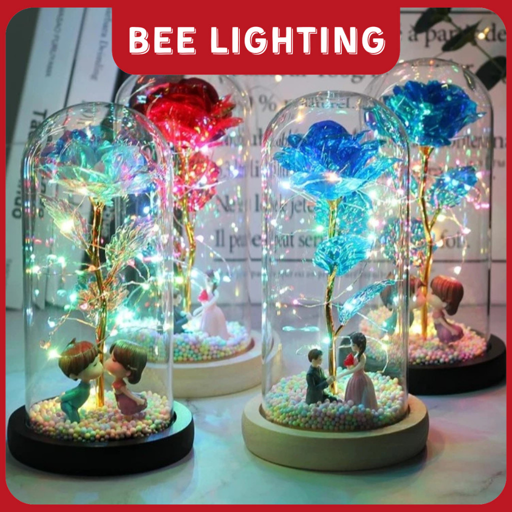 BEE LIGHTING GARANSI 1 TAHUN Lampu Hias LED Bunga Mawar Rose Glass Dome Kado Valentine Hiasan