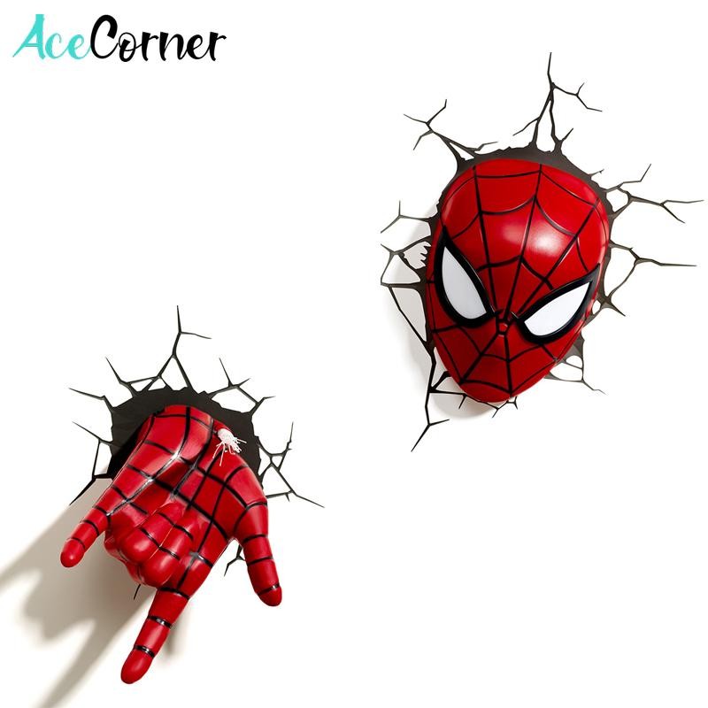 Acecorner Avengers Marvel Spider Man Face Hand Superhero 3D LED Wall Lamp Creative Sticker Night Lig