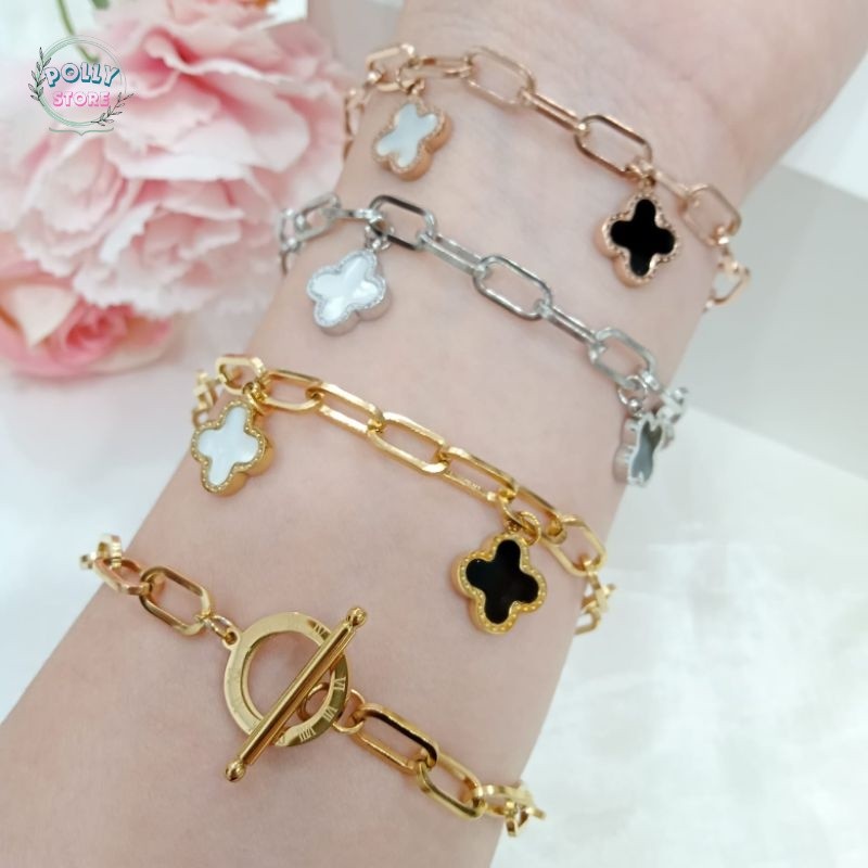 gelang titanium rantai bunga clover hitam putih tidak bolak balik pengait bulat besar panjang Bisa C