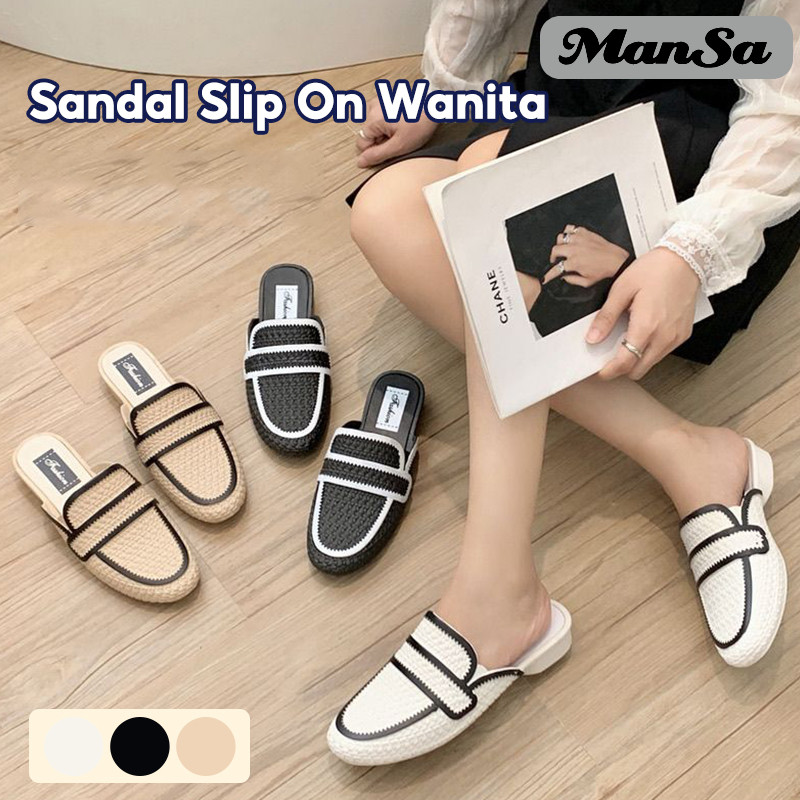 【ManSa】 Sandal Slip On Wanita Kartun / Sandal Ujung Tertutup / Sandal Fashion / Sandal Flat / Sandal