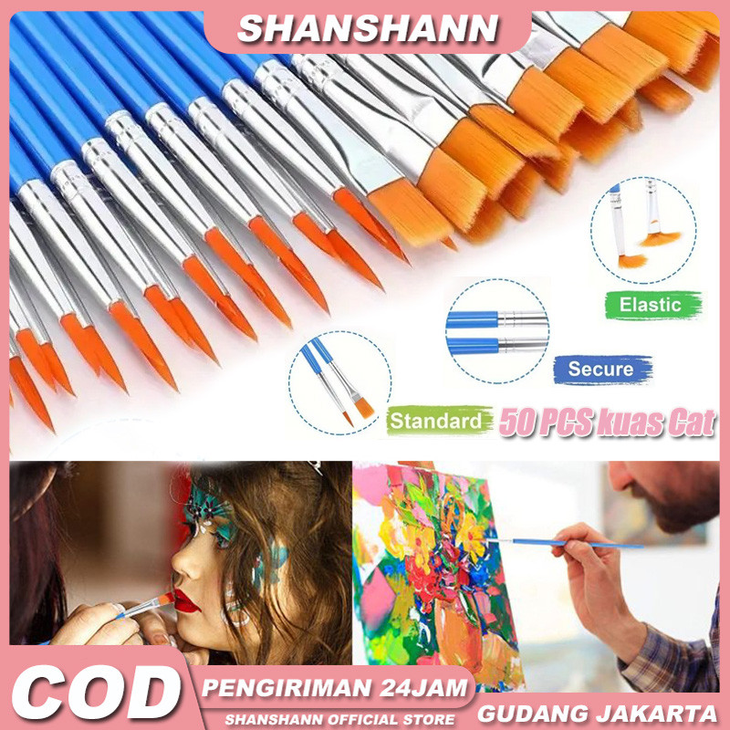 

RB 50pcs/Set Kuas Flat / Round Kuas Lukis Paint By Number Kuas Lukis Sterofoam Kuas Cat Air Koas
