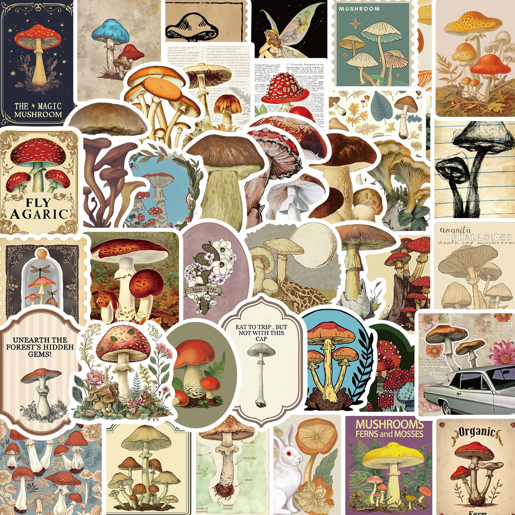 

50Pcs Vintage Mushroom Series Stickers Suitcase Phone Case Water Bottle Waterproof Decoration Diy Sticker Packs