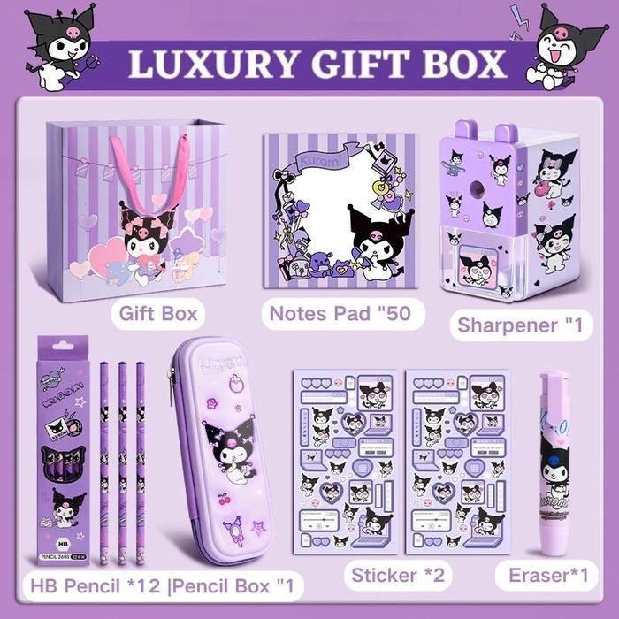 

New Collection[PROMO]] 【COD】Kuromi Kotak Hadiah Mewah Alat Tulis Set Sanrio Tempat Pensil Buku Catatan Hadiah Ulang Tahun Anak Perlengkapan Sekolah Set Alat Tulis Kuromi Stationery - Kuromi dasar Set