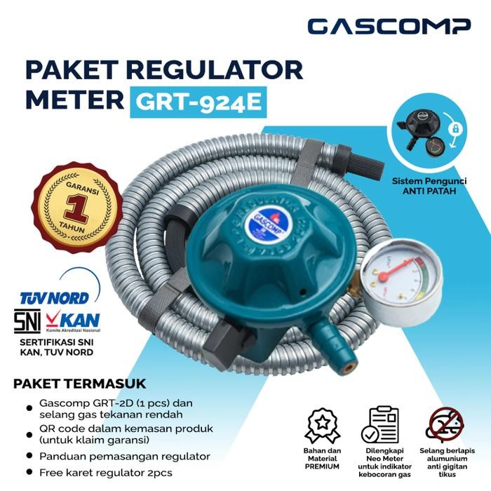 Gascomp GRT924E Paket Selang Gas + Regulator Meter Tekanan Rendah Pengunci Ganda Otomatis - GRT924E